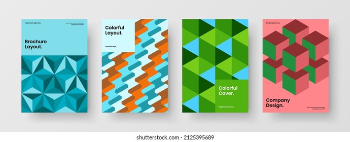 Trendy leaflet A4 design vector concept set. Colorful mosaic hexagons front page illustration composition.