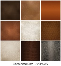 Trendy leather textures samples for furniture upholstery  and interior decorations 9 realistic icons collection isolated vector illustration 