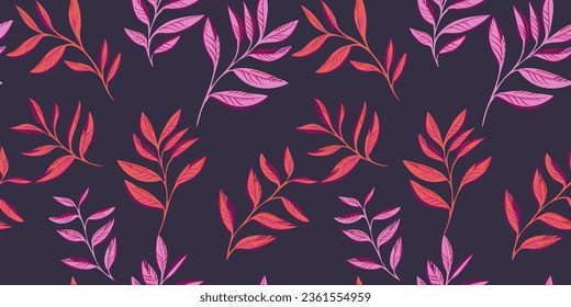 The trendy leaves pattern is scattered randomly. Abstract, modern, creative, artistic, coroful, tropical foliage print.  Vector hand drawn sketch. Template for design, textile, fashion, print