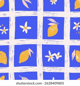 Trendy lemon seamless pattern in summer amalfi style. Tropical bright fruit citrus checkered background with hatching textured hand drawn lemons, flowers, leaves. Vector design for wrapping, fabric