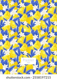 Trendy lemons with blue leaves notebook cover design. Modern botanical background for notebooks, planners, brochures, books, catalogs template. Retro 60s, 70s vector hand drawn illustration