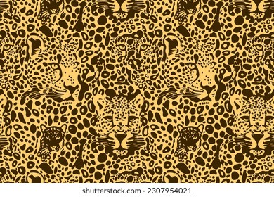 Trendy leopard Pattern Horizontal Background. Vector Hand drawn wild animal cheetah skin, leo face natural texture for fashion print design, banner, cover, wallpaper.