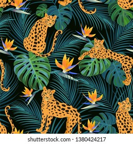 Trendy leopard pattern with tropical leaves and exotic flowers. Vector seamless texture.