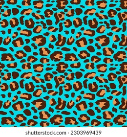 Trendy leopard print vector seamless on blue background. Fashionable background for fabric, paper, clothes. Animal pattern.