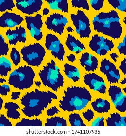Trendy leopard seamless pattern. Abstract wild animal leo skin, yellow blue cheetah texture for fashion print design, fabric, textile, wrapping paper, background, wallpaper. Vector illustration