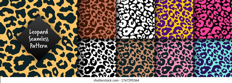 Trendy leopard seamless pattern set. Hand drawn wild animal cheetah skin abstract texture for fashion print design, fabric, textile, cover, wrapping paper, background, wallpaper. Vector illustration.