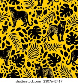 Trendy Leopard Seamless Pattern. Wild animal vector cheetah skin texture, leopard and tropical palm leaf silhouette, leo face print for fashion design, background, wallpaper.