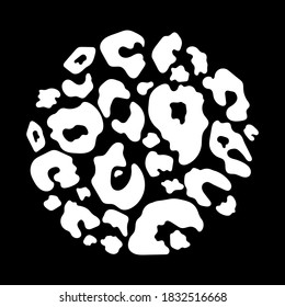 Trendy leopard textured abstract circle shape. Hand drawn wild animal cheetah skin white pattern element for fashion print design, tag, card, paper, social media background. Vector illustration.