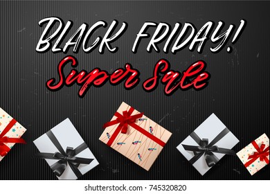 trendy lettering poster with gift boxes. Hand drawn calligraphy. concept handwritten poster. "black friday"   