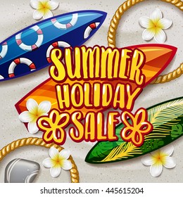 trendy lettering poster. Hand drawn calligraphy. concept handwritten poster. "summer holiday sale" creative graphic template brush fonts inspirational quotes. Summer tropical beach with sand