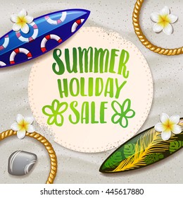 trendy lettering poster. Hand drawn calligraphy. concept handwritten poster. "summer holiday sale" creative graphic template brush fonts inspirational quotes. Summer tropical beach with sand