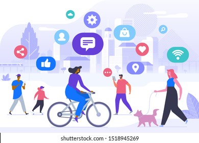 Trendy lifestyle flat vector illustration. Happy people in city park cartoon characters. Internet technology in everyday life concept. Wireless connection, communication network, modern pastime