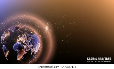 Trendy light brown futuristic sci-fi background. Vector. Global social network. Internet and communications. Planet Earth. Glowing night city lights. Abstract technology sphere.