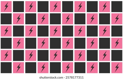 Trendy lighthing and checkered grid seamless pattern. Vector texture for wallpaper, wrapping, textile, poster, fabric on white background. Black and pink checkered.