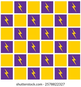 Trendy lighthing and checkered grid seamless pattern. Vector texture for wallpaper, wrapping, textile, poster, fabric on white background. Purple and yellow checkered.
