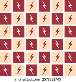 Trendy lighthing and checkered grid seamless pattern. Vector texture for wallpaper, wrapping, textile, poster, fabric on white background. Beige and red checkered.