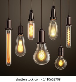 Trendy lighting design with retro style vintage looking soft glowing filament edison ligt bulbs variety vector illustration 