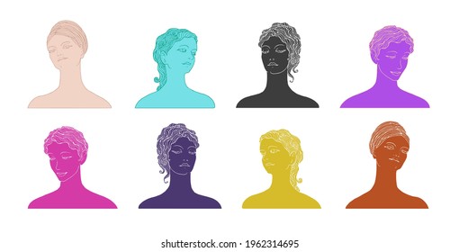 Trendy line art sketch of various antique statues, woman bust. Sculpture heads of different woman, ancient greek style, goddess, mythology, roman symbols. Hand-drawn vector modern illustration.