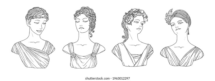 Trendy line art sketch of various antique statues, woman bust. Sculpture heads of different woman, ancient greek style, goddess, mythology, roman symbols. Hand-drawn vector modern illustration.