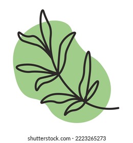 Trendy line art twig abstract shape. Black outline branch on colorful spot. Minimal geometric contour drawing. Botanical line art vector illustration.