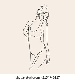 Trendy Line Art Woman Body. Female Figure Continuous One Line Abstract Drawing. Minimalistic Black Lines Drawing. Modern Scandinavian Design. Naked Body Art. Vector Illustration.