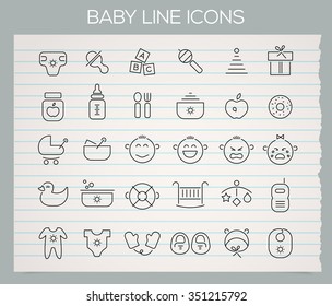 Trendy line baby stuff icons on paper background