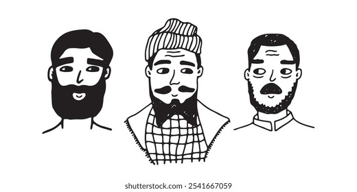 Trendy line black white men faces or heads drawings. Vector set of illustrations of adult people with mustache and beard on white background