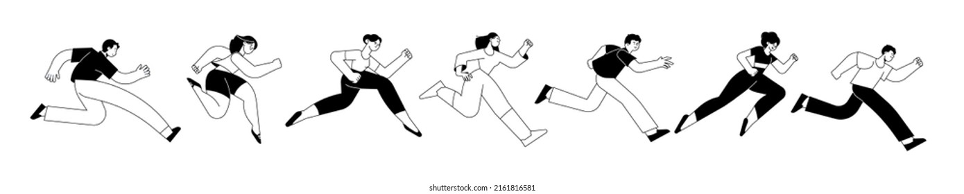 Trendy line design style of people on the move. Vector illustration of active male and female running, competition, run to success, career, challenge, marathon race, ambition, recreation and sport.