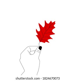 Trendy line draw arms vector illustration. Nature autumn concept. Fall leaves. Doodle leaf. Outline hand.