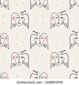 Trendy line drawing abstract people faces seamless pattern. Modern aesthetic print, minimalism, contour line art. 