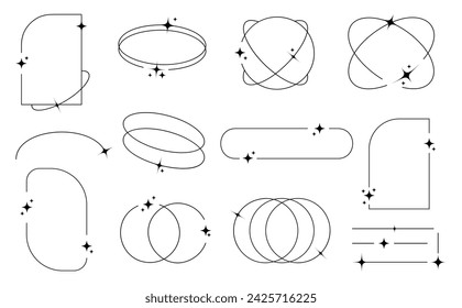 Trendy line elements collection. Minimalist frames and borders with sparkles. Aesthetic y2k elements and arch line frame