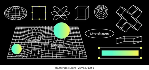 Elementos geométricos de línea de moda Y2k. Diseño de brutalismo neo. Marco de cables. Impresión de tablero de cheques 3D. Forma retro. Gradiente futurista sobre fondo negro. ... estética del zine. Formas vectinadas, vibraciones retro. 