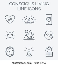 Trendy line icons set of conscious living.
Key tips to simple and happy life. Recommendations for boosting happiness.