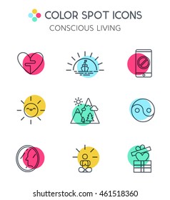 Trendy line icons set of conscious living.
Key tips to simple and happy life. Recommendations for boosting happiness.