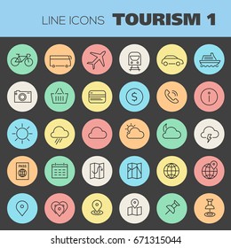 Trendy line icons - Tourism icons collection on colored round buttons, set 1