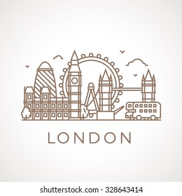 Trendy Line Illustration von London mit verschiedenen berühmten Gebäuden und Orten von Interesse. Modernes Vektorgrafik-Design.