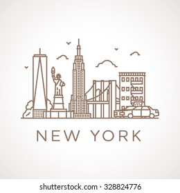 Trendy line illustration of New York City with different famous buildings and places of interest. Modern vector line-art design.