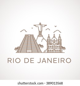 Ilustración moderna de Río de Janeiro con diferentes edificios famosos y lugares de interés. Diseño de vanguardia vectorial.