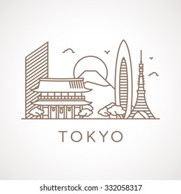 Trendy Line Illustration von Tokyo mit verschiedenen berühmten Gebäuden und Orten von Interesse. Modernes Vektorgrafik-Design.