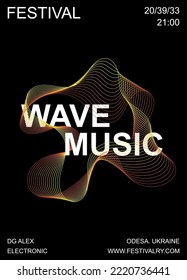 Afiche de patrón de línea de moda, onda de sonido musical, fondo negro de vector electro moderno. Gradiente moderno, pancarta impresa, club de festivales. Diseño de plantilla abstracto minimalista, dinámica de amplitud.