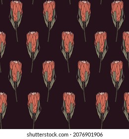 Trendy line Protea, Leucospermum flowers and botanical garden seamless pattern, design for fashion, fabric, wallpaper and all prints on black background.