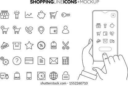 Trendy line Shopping icons collection with line hands holding smartphone mockup