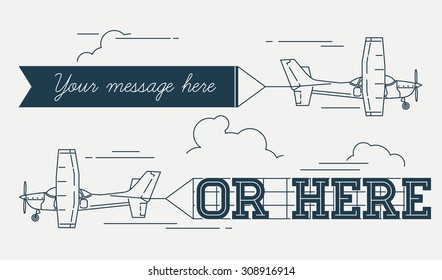 Trendy linear flat concept design on flying advertising banners pulled by light plane. Ideal for web banners and printable materials