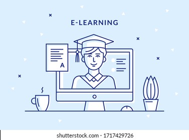 Trendy linear illustration for online education. Flat icon of a male graduate student with exam results inside a computer monitor. Suitable for social media post, internet ads, website or banner.