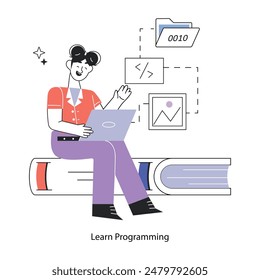 Trendy linear mini illustration depicting learn programming 