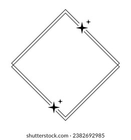 Trendy linear rhombus frame with stars, Modern minimalist aesthetic line elements, geometric forms. Vector sparkle for social media or poster design, simple decorative boho style border