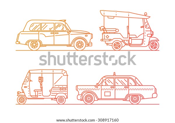 Trendy linear transport icons featuring common and\
exotic vehicles for hire such as taxicab, London hackney carriage\
cab, Indian baby taxi and oriental tuk-tuk rickshaw | Thin line\
taxi icons
