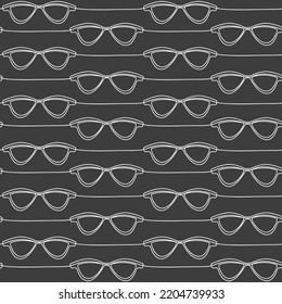Trendy linear vector sunglasses icon seamless pattern. One line continuous hand drawn illustration. Wallpaper, graphic outline background, fabric, print, wrapping paper.