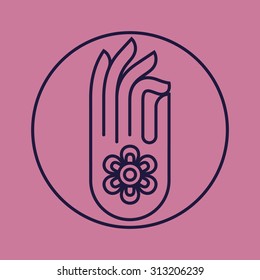 Trendy linear yoga hand gesture circle icon. Gyan mudra Indian hand gesture of knowledge