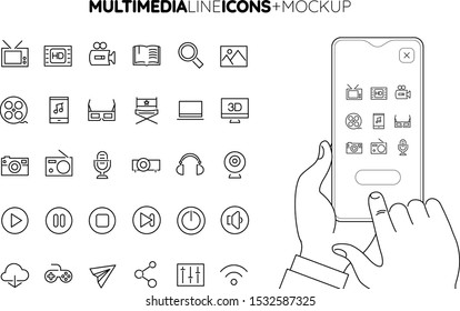 Trendy lineMultimedia icons collection with line hands holding smartphone mockup